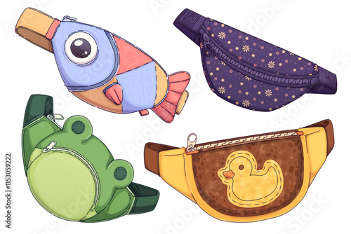 Fanny pack animal designs - cute fish shaped carrier, floral purple pouch with flowers pattern, green frog waist bag, yellow belt pack with duck print. Playful accessories for children fashion.