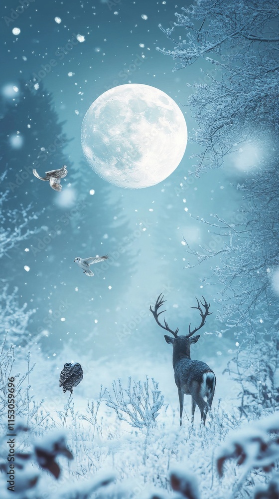 a whimsical winter night where animals like deer and owls are illuminated by the soft glow of the moon, symbolizing the quiet magic of the December Solstice, a whimsical winter night where animals like deer and owls are illuminated by the soft glow of the moon, symbolizing the quiet magic of the December Solstice,