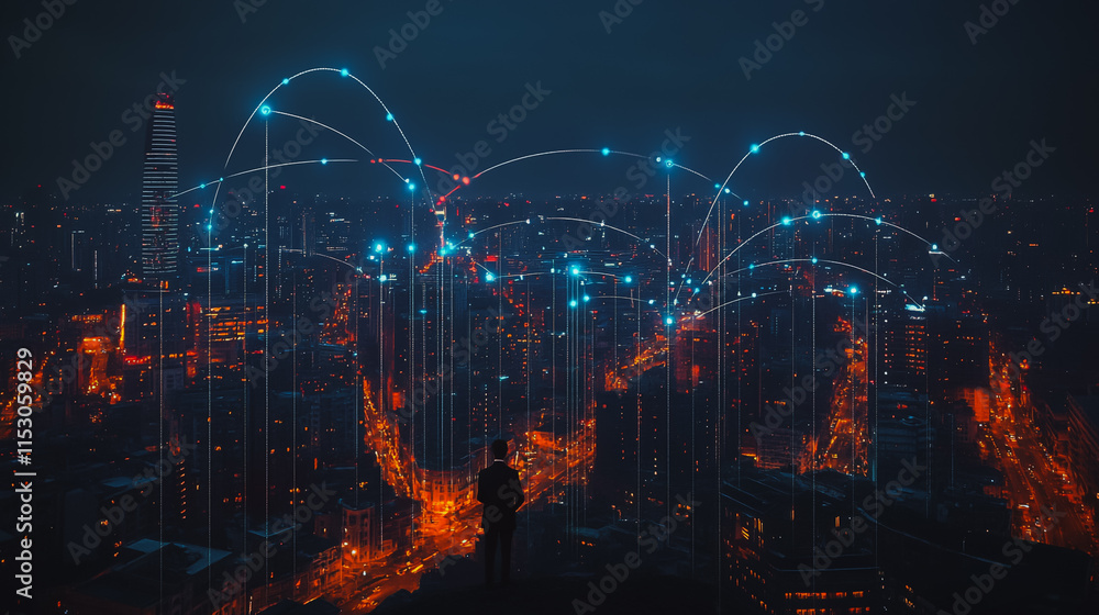 Smart digital city with connection cyber security network reciprocity over the cityscape . future smart wireless digital city and social media networking systems that connects people within the city Smart digital city with connection cyber security network reciprocity over the cityscape . future smart wireless digital city and social media networking systems that connects people within the city