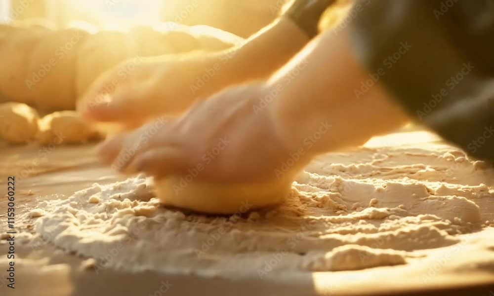 Kneading dough for fresh bread at a rustic bakery in the countryside during early morning hours