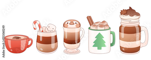 Hot chocolate set - simple red mug, glass with marshmallow and candy cane, topped latte, festive pine tree ceramic cup with zephyr, decorated jar with chocolate mousse. Holiday beverage designs.