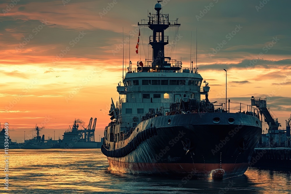 Fototapeta premium Tugboat navigating through a harbor at sunset.