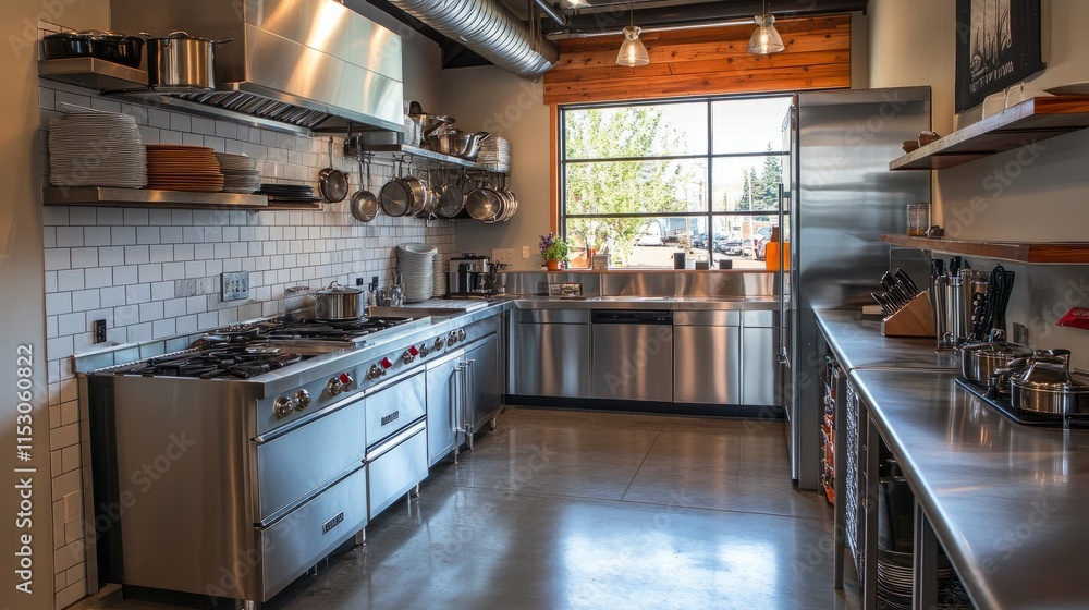 A sleek professional stainless steel kitchen with hanging pots and pans, shiny countertops, and industrial-grade appliances, designed for a busy restaurant. A sleek professional stainless steel kitchen with hanging pots and pans, shiny countertops, and industrial-grade appliances, designed for a busy restaurant.