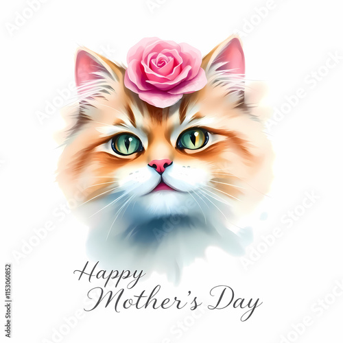 Whatercolor Mother's Day Card Featuring fluffy cat and Elegant Roses photo