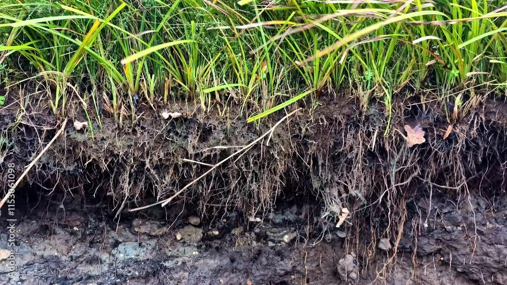 Detailed cross-section showing soil layers, plant roots, and grass growth, highlighting natural ecosystems Detailed cross-section showing soil layers, plant roots, and grass growth, highlighting natural ecosystems