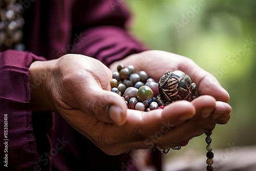 hands holding a prayer bead various show the meditative and cont photo