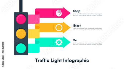 Traffic Light Infographic with Light Arrows Color Icon for Stop, Start, and Go