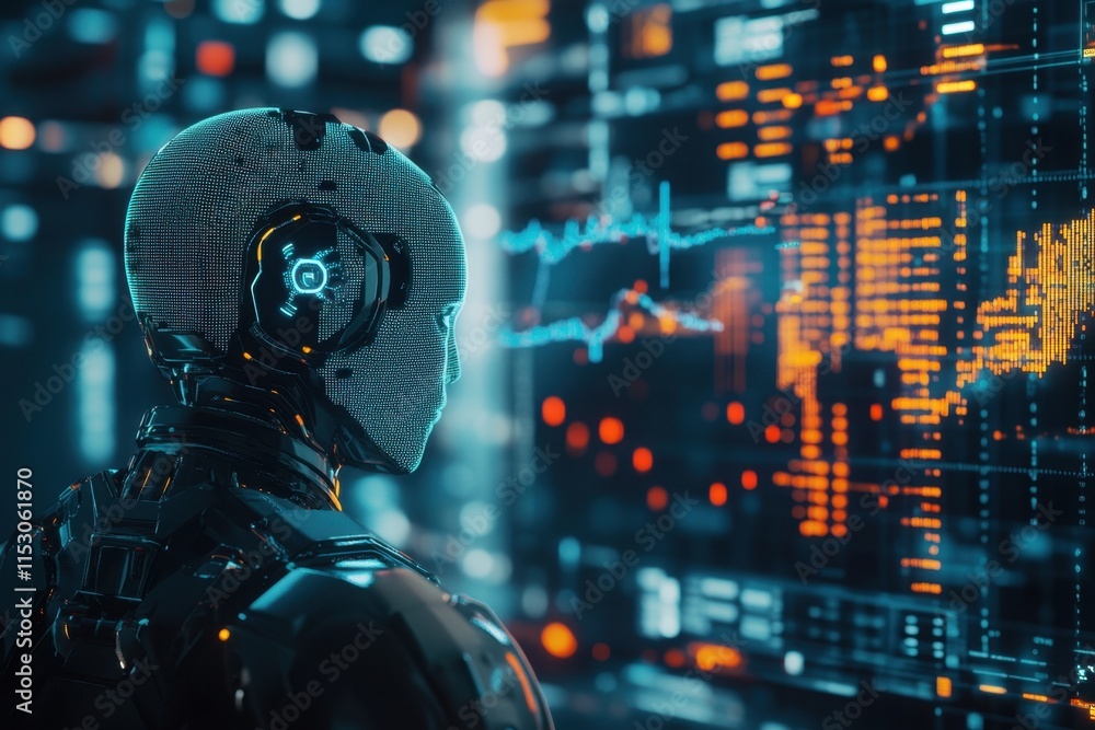 Futuristic ai-powered trading bot analyzing stock market trends in a high-tech environment for financial insights Futuristic ai-powered trading bot analyzing stock market trends in a high-tech environment for financial insights