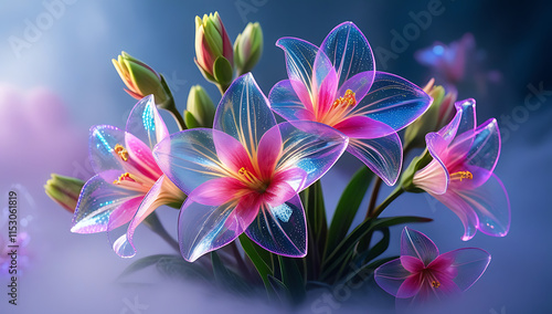 A beautiful spectrum of Alstroemerias flowers with delicate, translucent petals illuminated by soft light. Created with generative AI