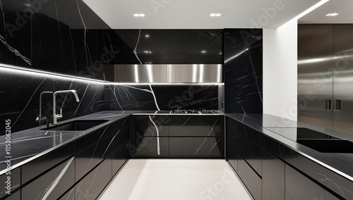 Modern Black Marble Kitchen Design With Stainless Steel Accents