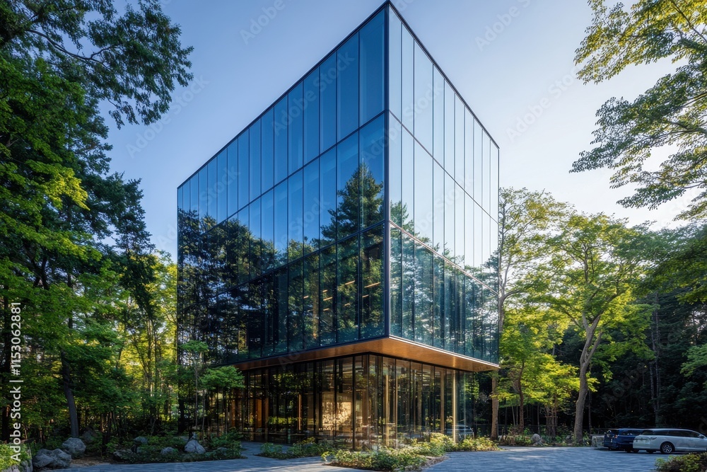 Modern glass building in a lush green forest setting. Modern glass building in a lush green forest setting.