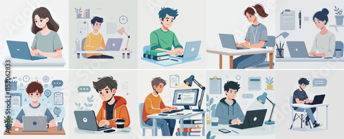 vector set of a teenager working online with a simple flat design style