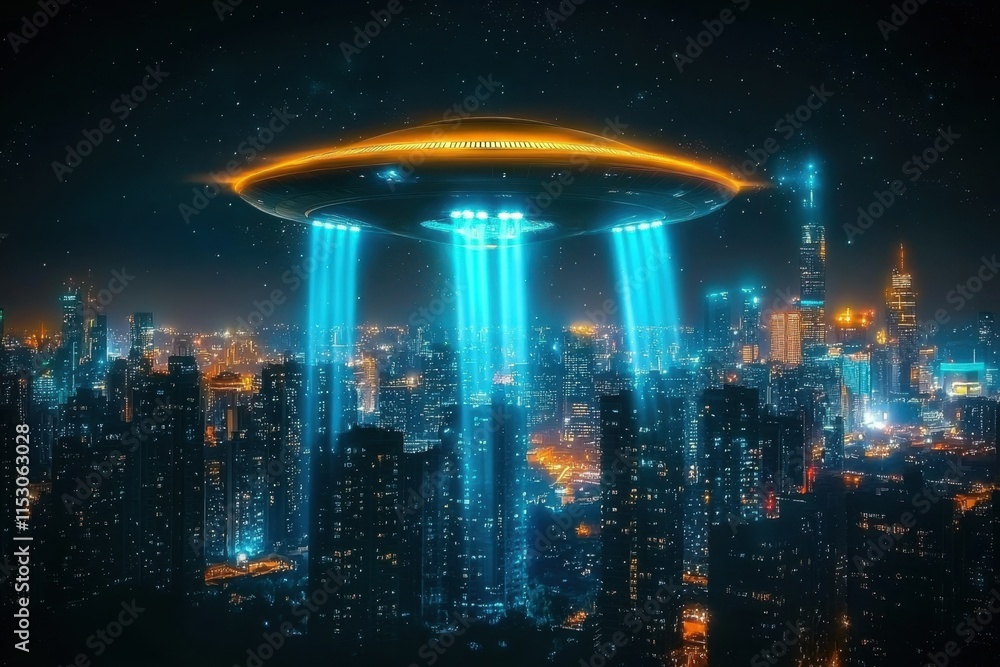 Obraz premium Strange Lights: UFO Observed in City Skyline