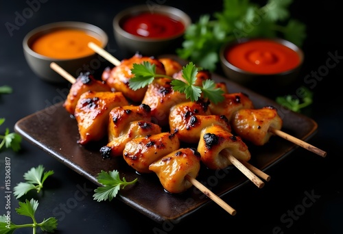 Grilled chicken kebab with vegetables and greenson a black plate on a dark slate, stone or concrete background. Top view with copy space.
 photo