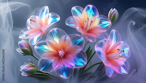A beautiful spectrum of Alstroemerias flowers with delicate, translucent petals illuminated by soft light. Created with generative AI
