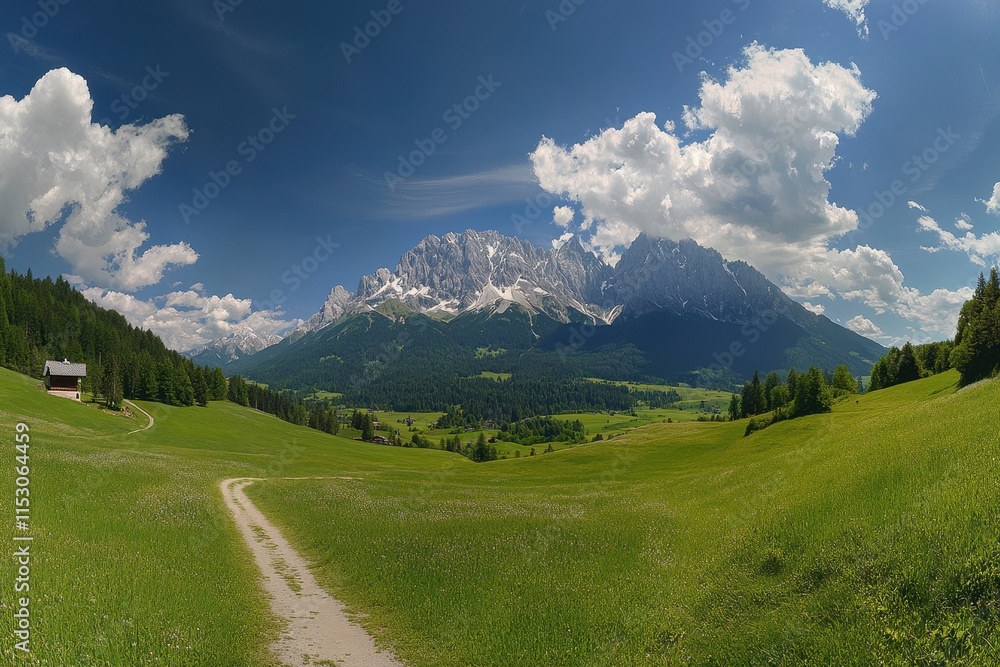 Obraz premium Dramatic Mountain Landscape with Rugged Peaks, Forests, Meadows and Cloudscape - Fictional Landscape of the Dolomites