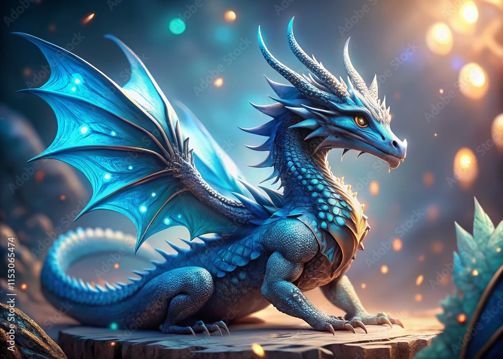Obraz premium Crystal Blue 3D Dragon with Bokeh, Fantasy Creature, Digital Art, White Background