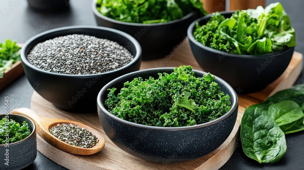 Aesthetic display of assorted superfoods bowls on modern kitchen island sleek design healthy lifestyle environment Aesthetic display of assorted superfoods bowls on modern kitchen island sleek design healthy lifestyle environment