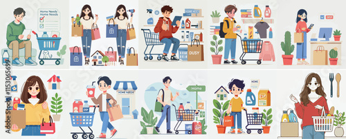 Vector set of a teenager shopping for household needs with a simple flat design style