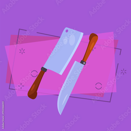 Cleaver and carving knife flat illustration. Kitchen knives, food preparation, meat knives. Kitchenware concept. Vector can be used for topics like cooking, utensils, kitchen