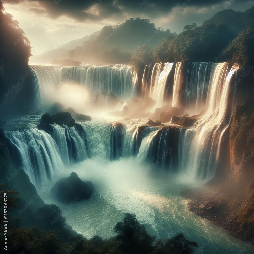 Fototapeta premium 300 Waterfalls A powerful waterfall descending in a cascade brea
