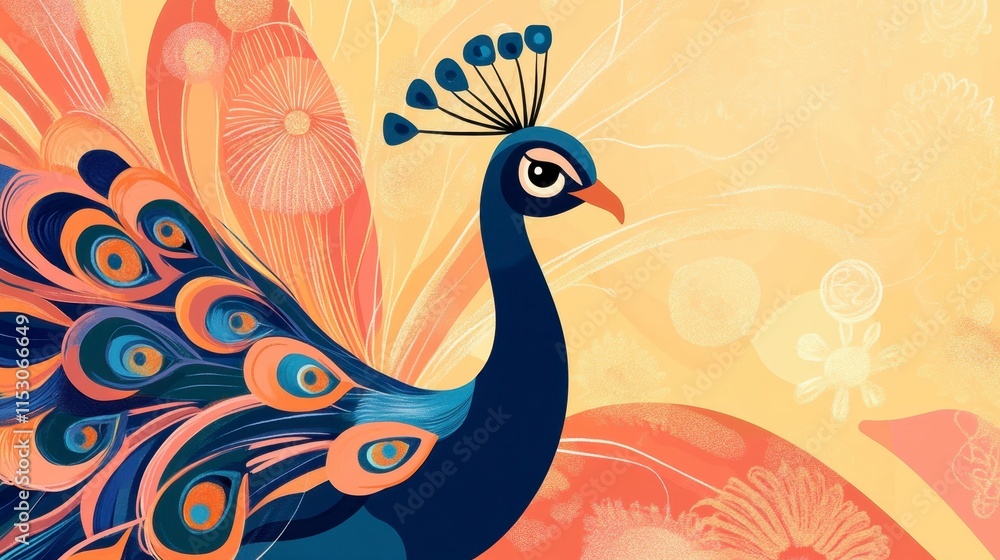 Peacock in Abstract Floral Garden - Minimalist Art Deco Style Peacock in Abstract Floral Garden - Minimalist Art Deco Style