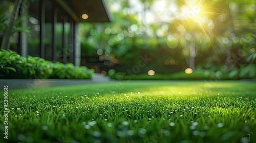 Lush Green Grass in a Sunlit Garden with a Modern House in the Background