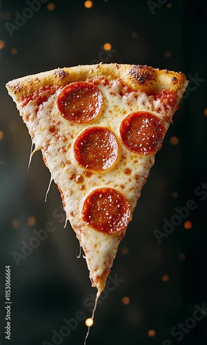 Delicious pepperoni pizza slice floating with sparks in dark background
