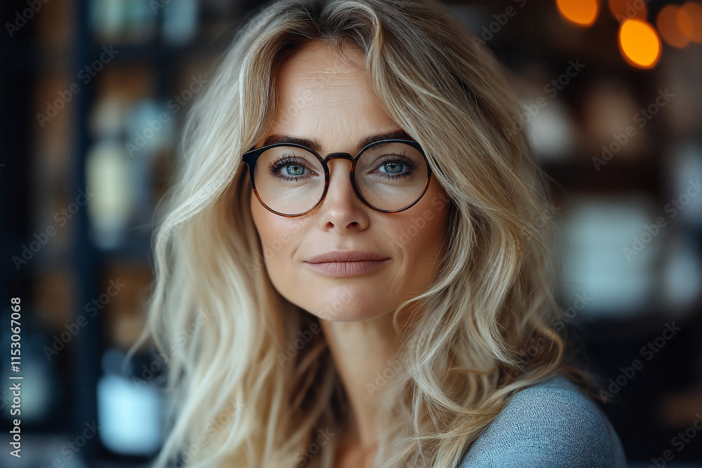 Elegant woman with glasses enjoying a moment of reflection at a cozy cafe. Generative AI Elegant woman with glasses enjoying a moment of reflection at a cozy cafe. Generative AI