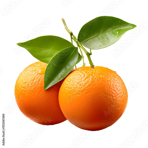 two oranges with leaves on a branch