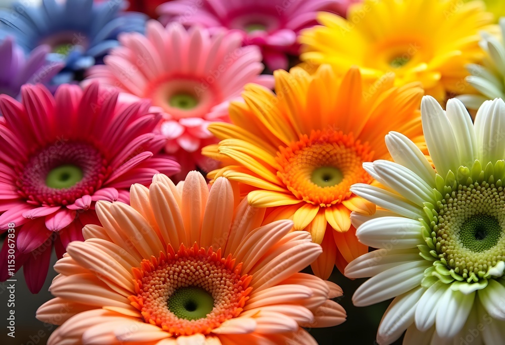 Gerberas of various varieties and colors, close up view
Gerberas of various varieties and colors, close up view