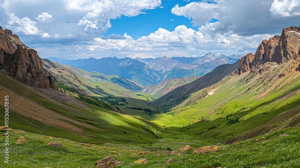 Fototapeta premium Majestic Mountain Valley Landscape Under a Cloudy Sky