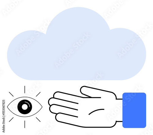 Eye, hand, blue shirt sleeve, light blue cloud. Ideal for technology, cloud computing, data storage, vision assistance foresight connectivity concepts. Line metaphor