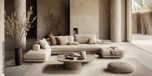 Modern Living Room with Beige Sofa, Minimalist Coffee Table, and Dry Plants in a Neutral Palette photo