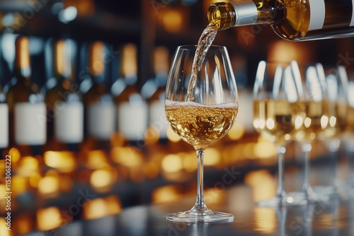 Wallpaper Mural Pouring Perfection: A bottle of crisp white wine is poured into a glass, creating a cascade of golden liquid. The image captures the elegance and sophistication of wine tasting. Torontodigital.ca