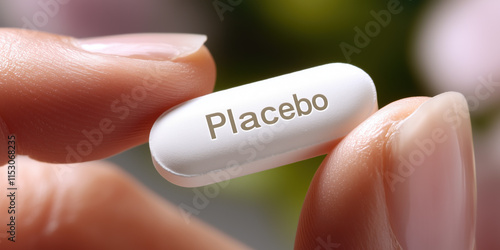 hand holding white placebo pill with soft background photo