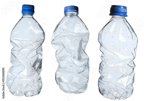 close up used transparent PET plastic water bottle on white background; sustainable environment concept.