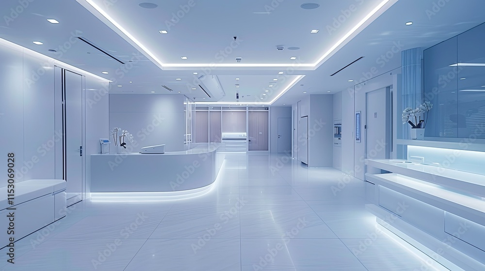 Obraz premium Sterile Modern Clinic Reception and Waiting Area with Subtle Lighting