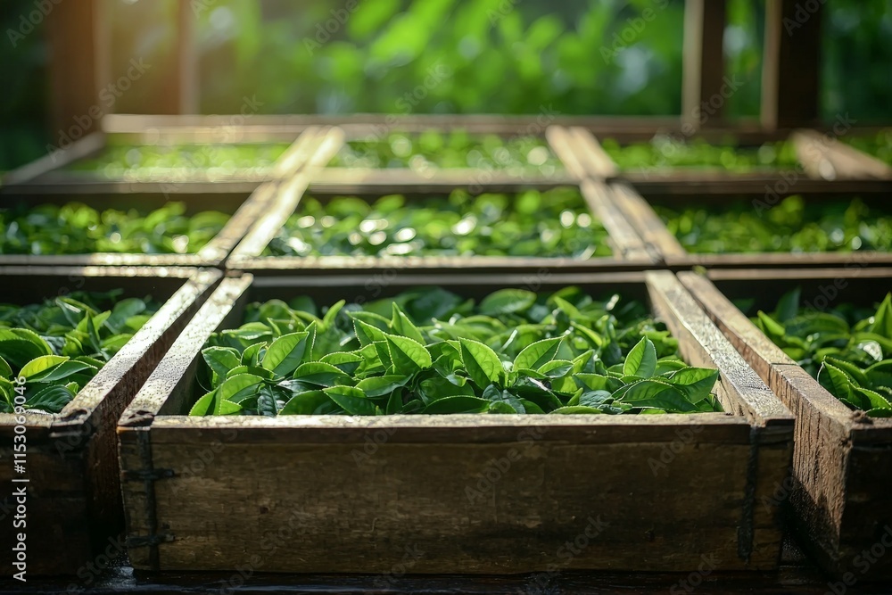 Naklejka premium bright green tea leaves in wooden crates