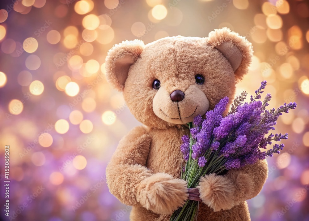 Cute Teddy Bear with Lavender Flowers - Soft Bokeh Background Stock Photo Cute Teddy Bear with Lavender Flowers - Soft Bokeh Background Stock Photo