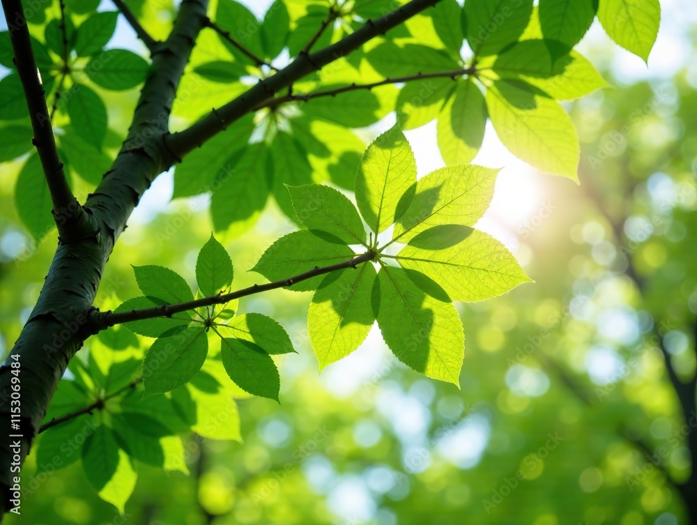 Springtime Lush Green Tree Canopy Below View, Blooming Branches, Sunlight, Nature's Embrace Springtime Lush Green Tree Canopy Below View, Blooming Branches, Sunlight, Nature's Embrace