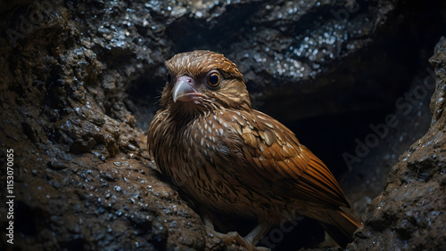 An oilbird perched on a tree branch deep within a dimly lit tropical rainforest, its mottled brown feathers blending into the surroundings, with shafts of moonlight filtering through the dense canopy, photo