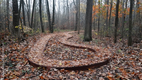 Autumnal Forest Path With Metal Edging Winding Through Trees