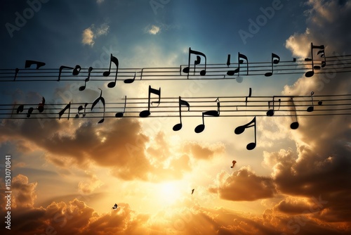 musical notes and symbols drop from an unseen musical sheet or s