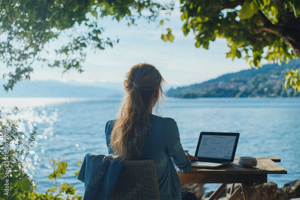 Woman enjoying a remote work setup with peaceful lake views. Woman enjoying a remote work setup with peaceful lake views.