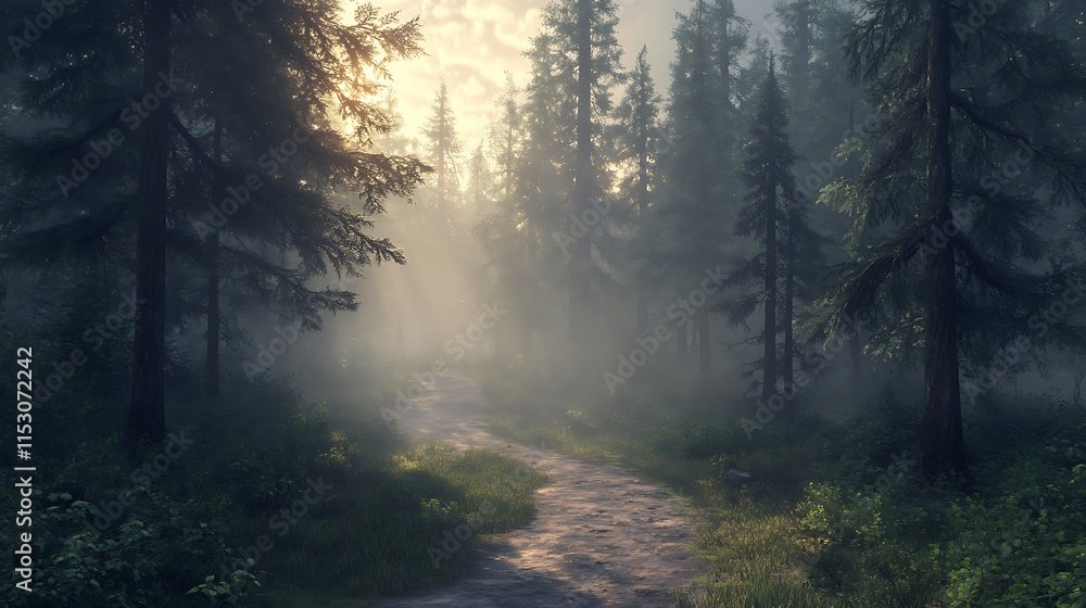 Fototapeta premium Misty forest path at sunrise.