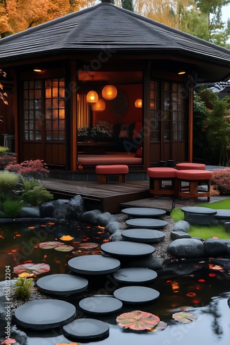 Serene Japanese Garden Gazebo Koi Pond Stepping Stones Autumn photo