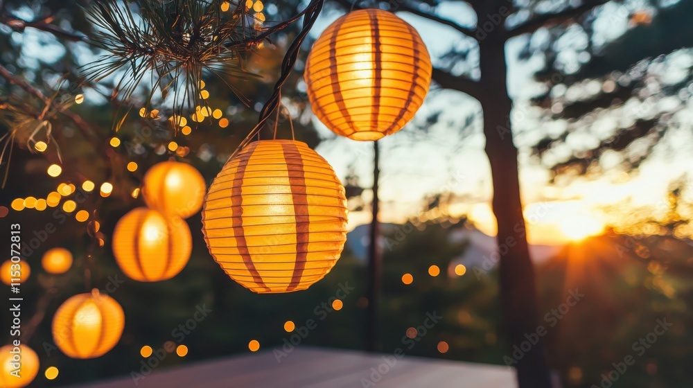 Obraz premium Outdoor lantern wedding celebration enchanted forest anime style coral and yellow palette glowing atmosphere