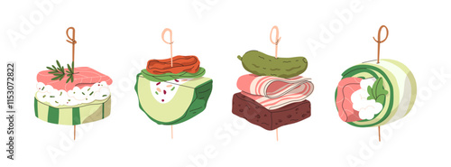 Finger food set. Canapes, tapas, cold snacks on toothpicks. Banquet starters with salmon, cucumber, cheese, bread, bacon and pickle on sticks. Flat vector illustration isolated on white background