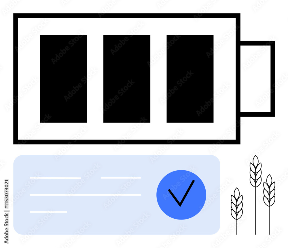 Battery icon with three bars level next to a blue checkbox and wheat ears. Ideal for sustainability, agriculture, energy efficiency, renewable resources, farming technology, eco-friendly practices Battery icon with three bars level next to a blue checkbox and wheat ears. Ideal for sustainability, agriculture, energy efficiency, renewable resources, farming technology, eco-friendly practices